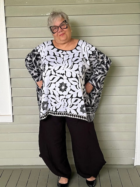 Hand Embroidery Front And Back Panel Top With Black And white Batik Fabric Side Panel