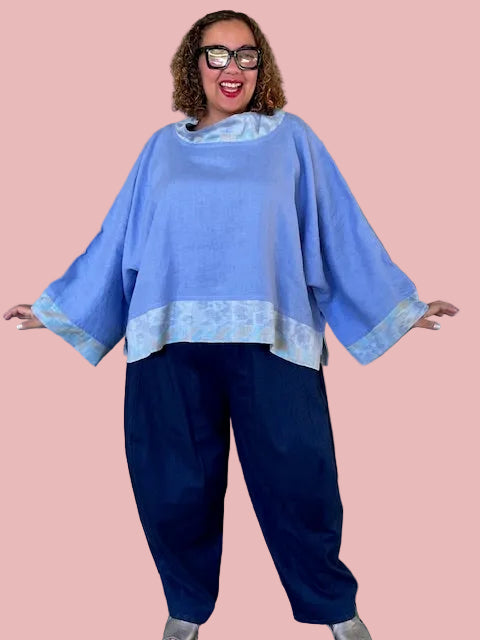 DTH Oversized Linen Top Trimmed With Silk Ikat