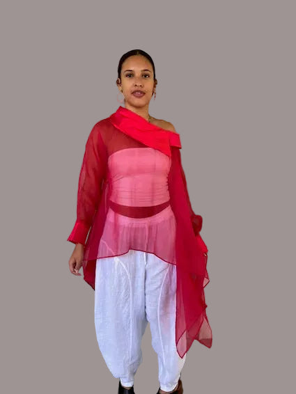 Dth Red Organza Top with Silk Collar