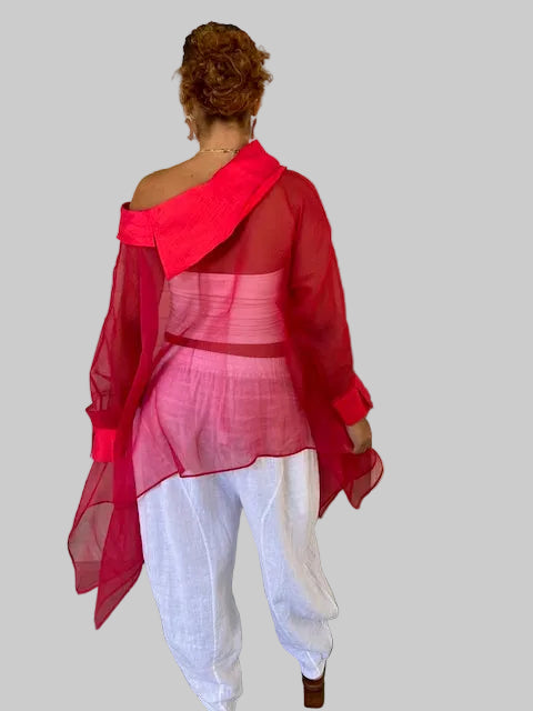 Dth Red Organza Top with Silk Collar