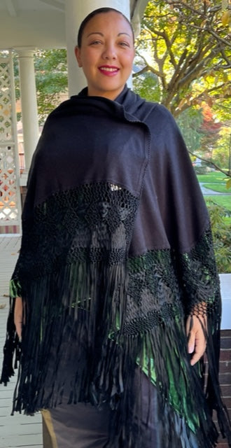 Black Silk and Cashmere Shawl with hand made macrame border