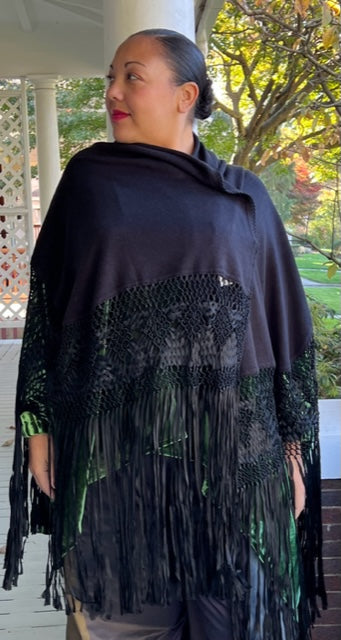 Black Silk and Cashmere Shawl with hand made macrame border