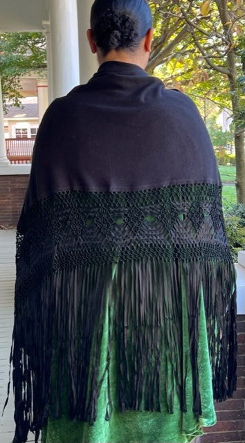 Black Silk and Cashmere Shawl with hand made macrame border
