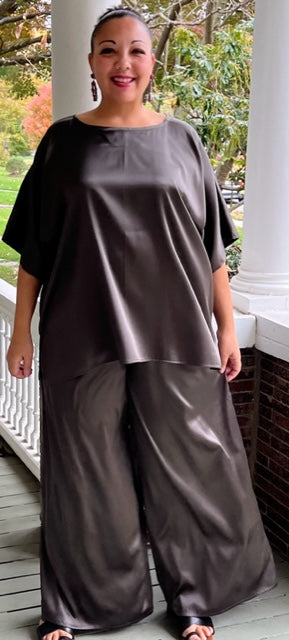 DTH Steel Gray Silk Stretch Charmeuse Pants and Top (Sold Separately)