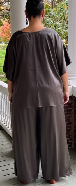 DTH Steel Gray Silk Stretch Charmeuse Pants and Top (Sold Separately)