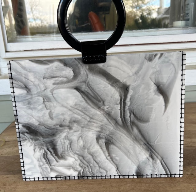 Gray Marble Bag with Black Handles,hand stitched on sides
