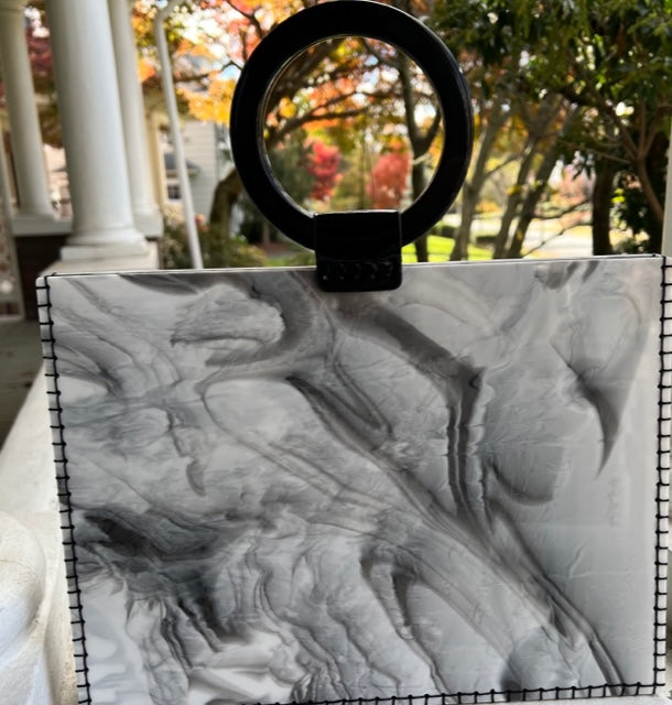 Gray Marble Bag with Black Handles,hand stitched on sides