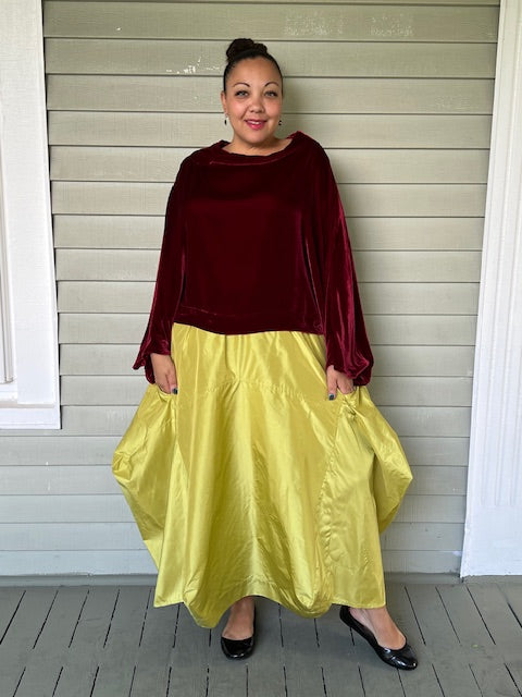 DTH Architect Skirt in 100% SilkTaffeta (Chartreuse, Irridescent, Burgundy, Dark Gray, Gold, Silver Gray, Black, Turmeric, Olive Gold, Navy