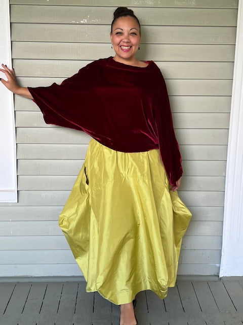 DTH Architect Skirt in 100% SilkTaffeta (Chartreuse, Irridescent, Burgundy, Dark Gray, Gold, Silver Gray, Black, Turmeric, Olive Gold, Navy