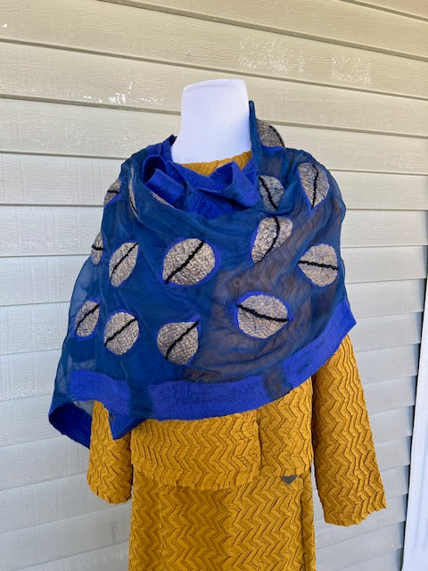 Felted Leaf on Blue Chiffon Scarf (Gold Leaf or White Leaf)