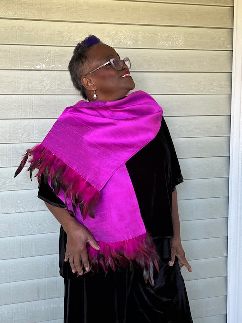 Magenta 100% Silk Dupioni Scarf Trimmed in Feathers