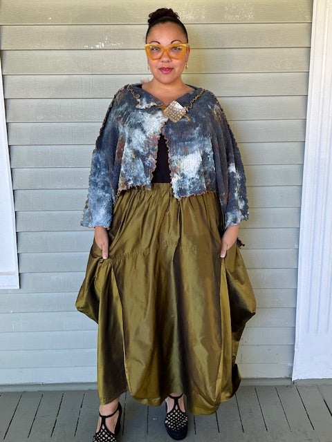 DTH Architect Skirt in 100% SilkTaffeta (Chartreuse, Irridescent, Burgundy, Dark Gray, Gold, Silver Gray, Black, Turmeric, Olive Gold, Navy
