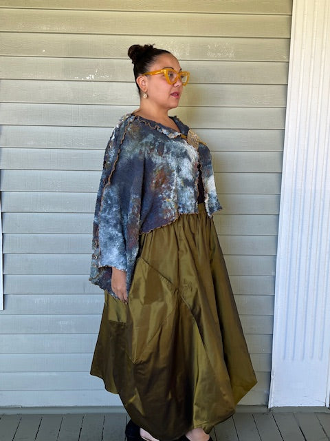 DTH Architect Skirt in 100% SilkTaffeta (Chartreuse, Irridescent, Burgundy, Dark Gray, Gold, Silver Gray, Black, Turmeric, Olive Gold, Navy