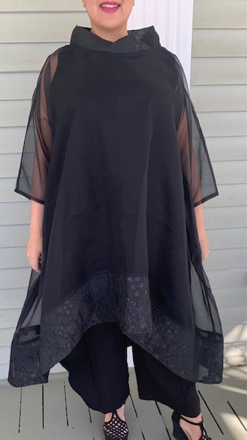 DTH Black 100% Silk Organza Top with Sparkling Embossed Border