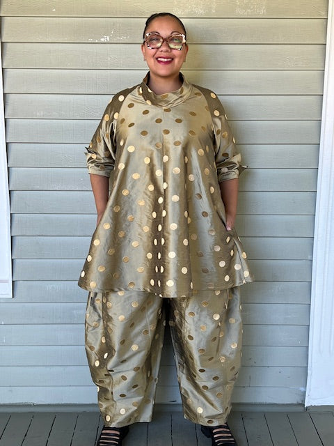 DTH 100% Gold Silk Seamed Pants with Dot Embroidery