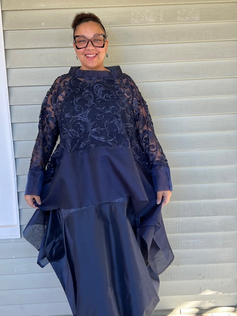 DTH Navy Ribbon Lace Organza Waterfall Top