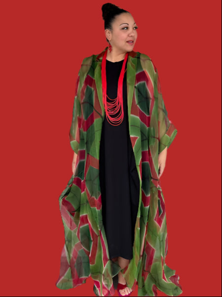 100% Hand Dyed Silk Organza Overlay Jacket ( Pink circles on green )