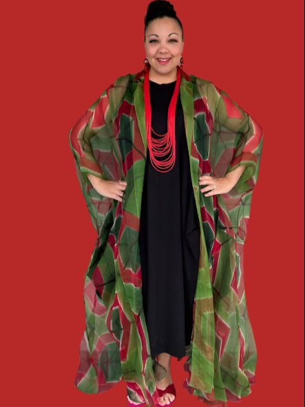 100% Hand Dyed Silk Organza Overlay Jacket ( Pink circles on green )