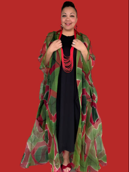 100% Hand Dyed Silk Organza Overlay Jacket ( Pink circles on green )