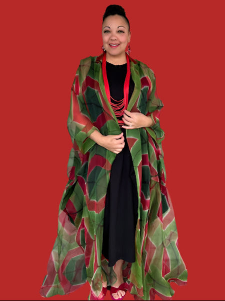100% Hand Dyed Silk Organza Overlay Jacket ( Pink circles on green )