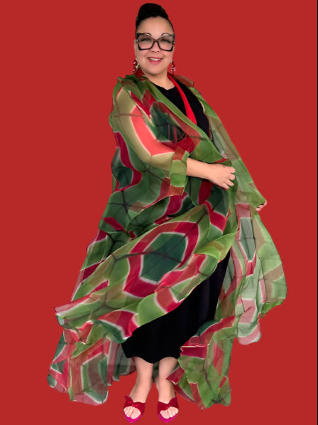 100% Hand Dyed Silk Organza Overlay Jacket ( Pink circles on green )