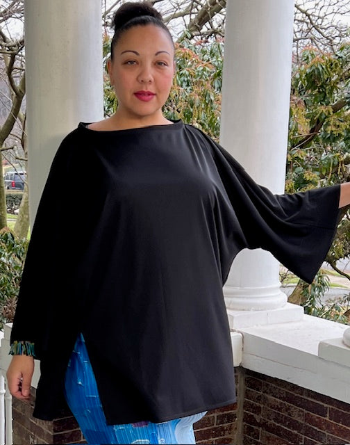 DTH Black Crepe Knit Side Slit Top