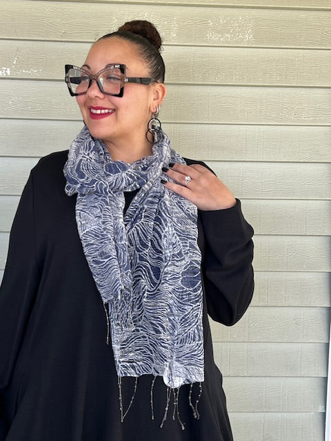 Blue Flowers Scarf (cotton ,silk blend with beaded fringe)