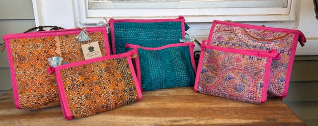 Silk Kantha Cosmetic Pouch (Set of 2) - Orange, Pink, or Blue