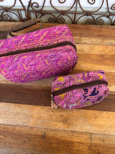 Silk Kantha Cosmetic Pouch (Set of 2) - Red, Pink, or Blue