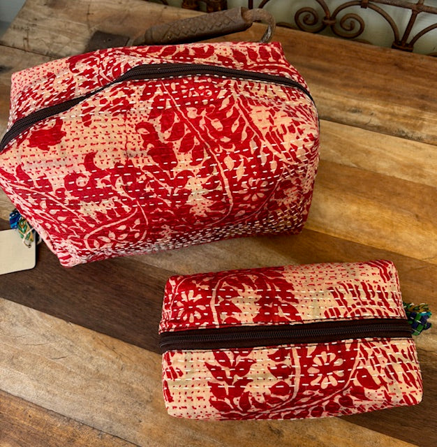 Silk Kantha Cosmetic Pouch (Set of 2) - Red, Pink, or Blue