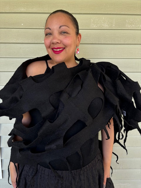 Felted Scarf With Square Cutouts (Black)