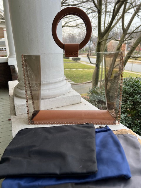 Clear See-Through Bag with Brown Handles,hand stitched on sides
