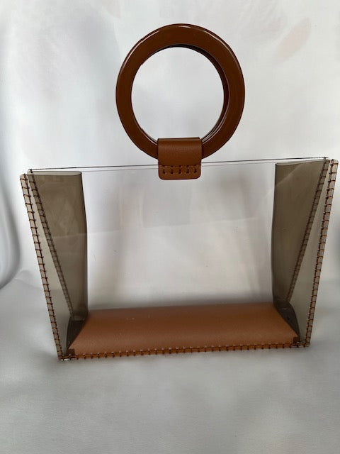 Clear See-Through Bag with Brown Handles,hand stitched on sides