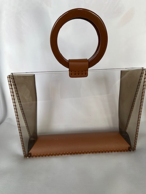 Clear See-Through Bag with Brown Handles,hand stitched on sides