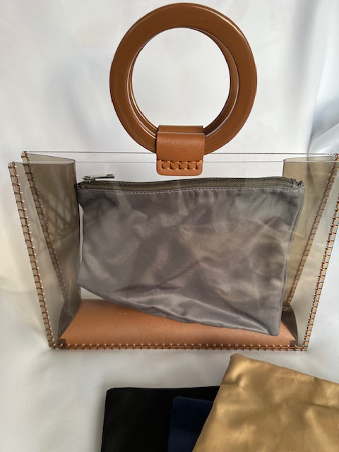 Clear See-Through Bag with Brown Handles,hand stitched on sides