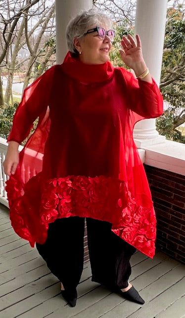 DTH Long Roses and Red Silk Organza Overlay