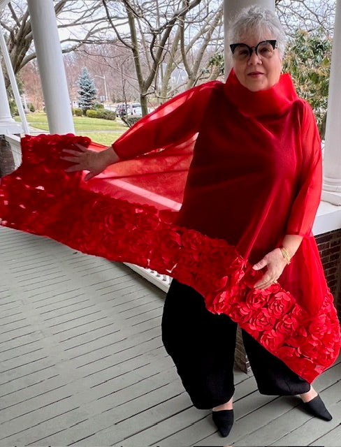 DTH Long Roses and Red Silk Organza Overlay