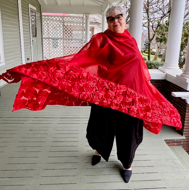 DTH Long Roses and Red Silk Organza Overlay