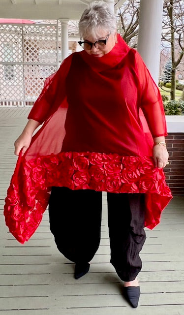 DTH Long Roses and Red Silk Organza Overlay