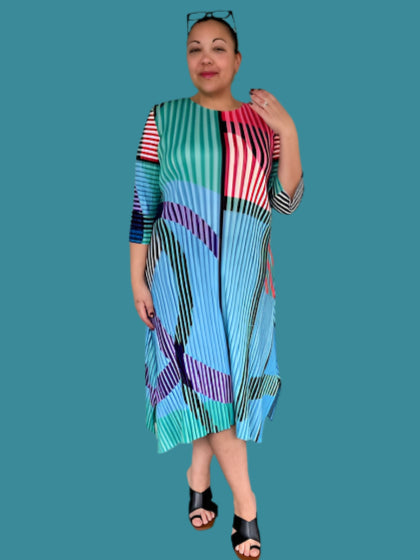 Vanite Couture Pleated Stripes and Arcs Dress (Blue/Blue or Blue/Green)