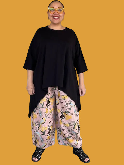 DTH 100% Linen Toucan Print Pleat Hem Pants