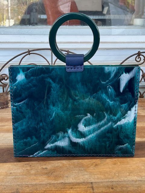 Turquoise Marble Bag with Black Handles and Hand Stitched on Sides