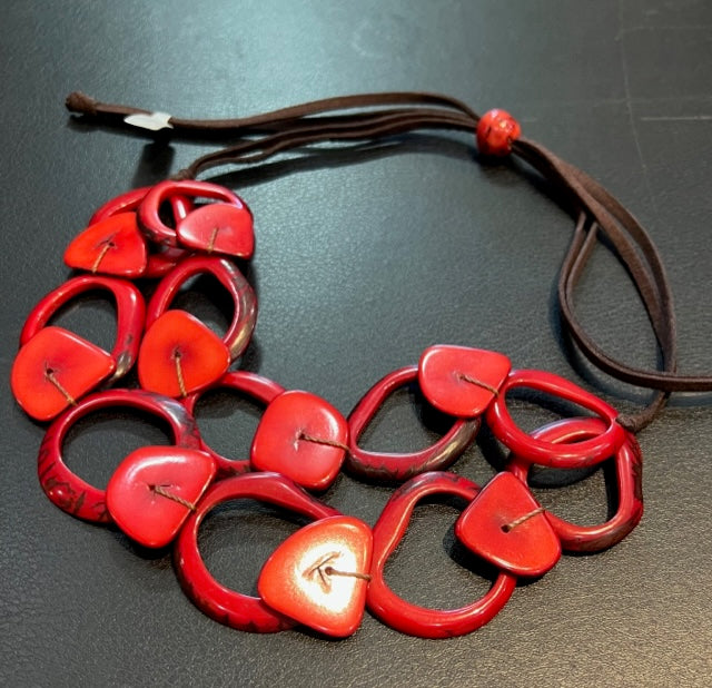 Adjustable Length, Double Strand Tagua Necklace - Red