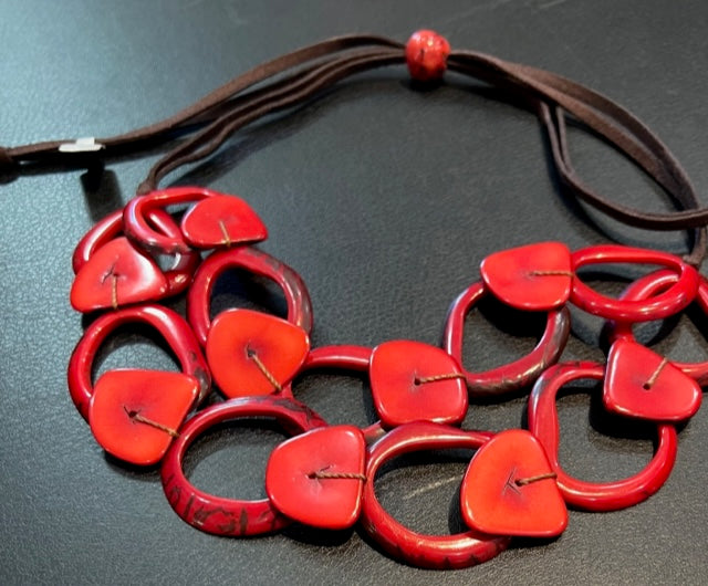 Adjustable Length, Double Strand Tagua Necklace - Red