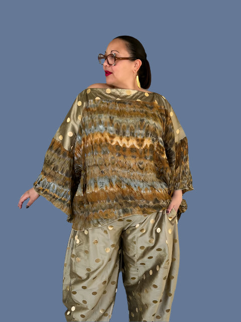 DTH 100% Hand Dyed Silk Pleated Kimono Sleeve Top