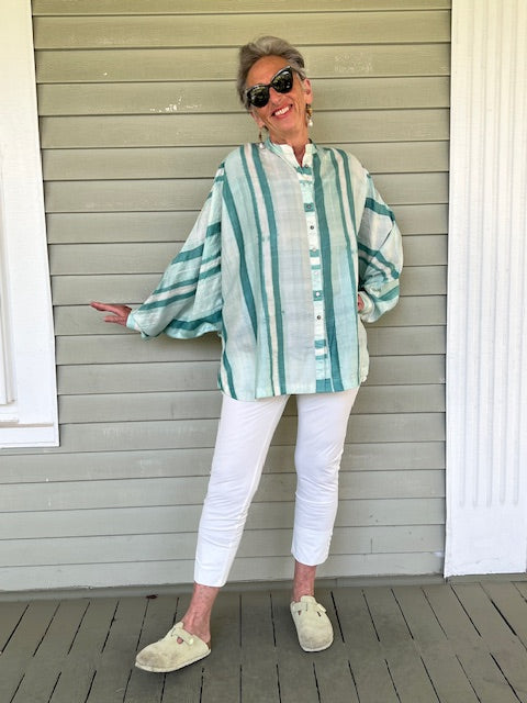 Hand Dyed Shibori Silk Button Down Shirt (Mint)