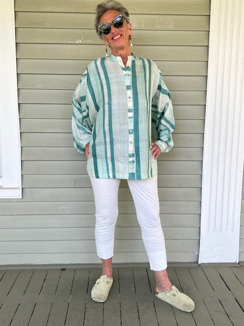 Hand Dyed Shibori Silk Button Down Shirt (Mint)