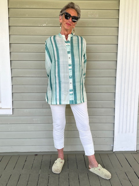 Hand Dyed Shibori Silk Button Down Shirt (Mint)