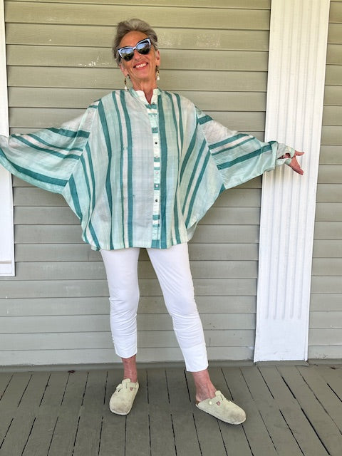 Hand Dyed Shibori Silk Button Down Shirt (Mint)