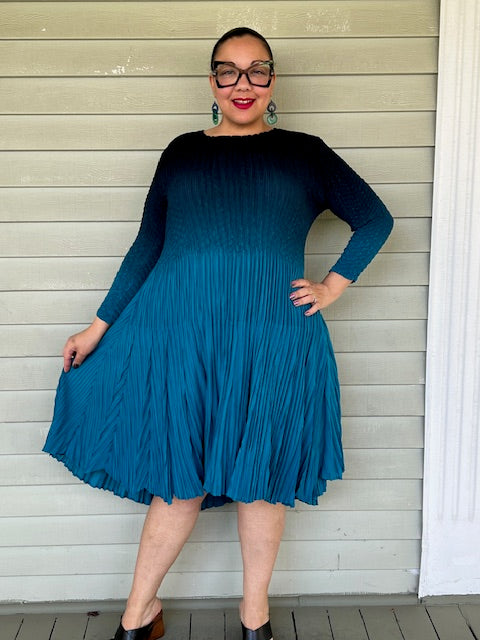 Vanite Couture Teal Pleated Ombre Dress